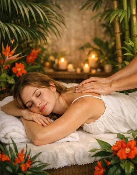 Massage in progress among bamboo, candles and tropical flowers