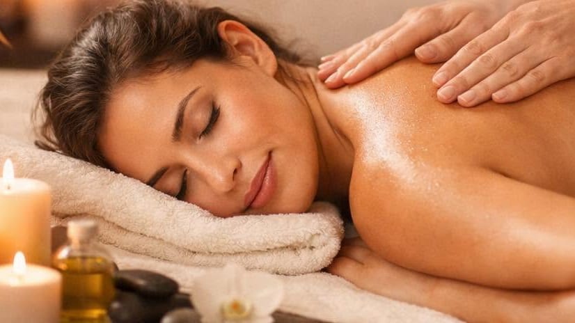 A guest receiving a relaxation massage by candlelight