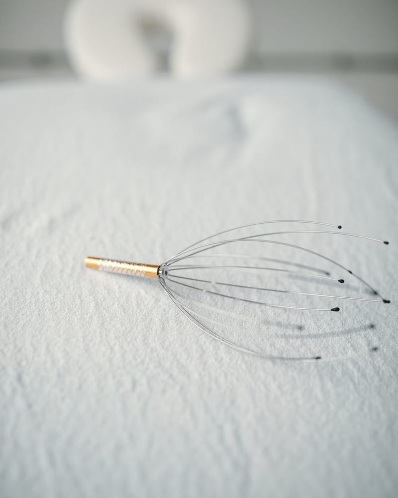 Scalp massage tool resting on the treatment bed afterwards